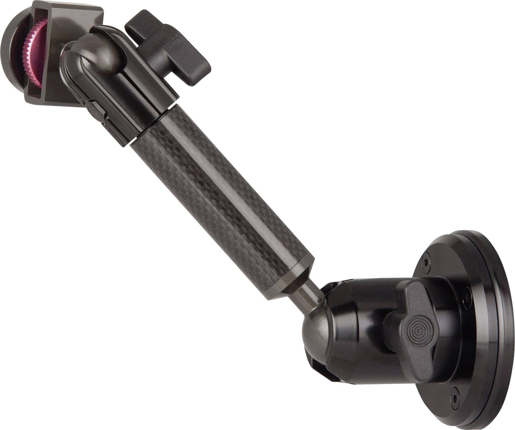 A black, adjustable camera mounting arm attached to a circular base. The arm features joints for multiple angles.