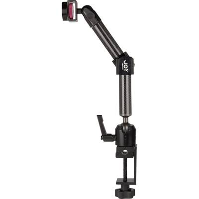 An adjustable black metal and carbon fibre articulated arm with a clamp, suitable for mounting cameras or accessories.