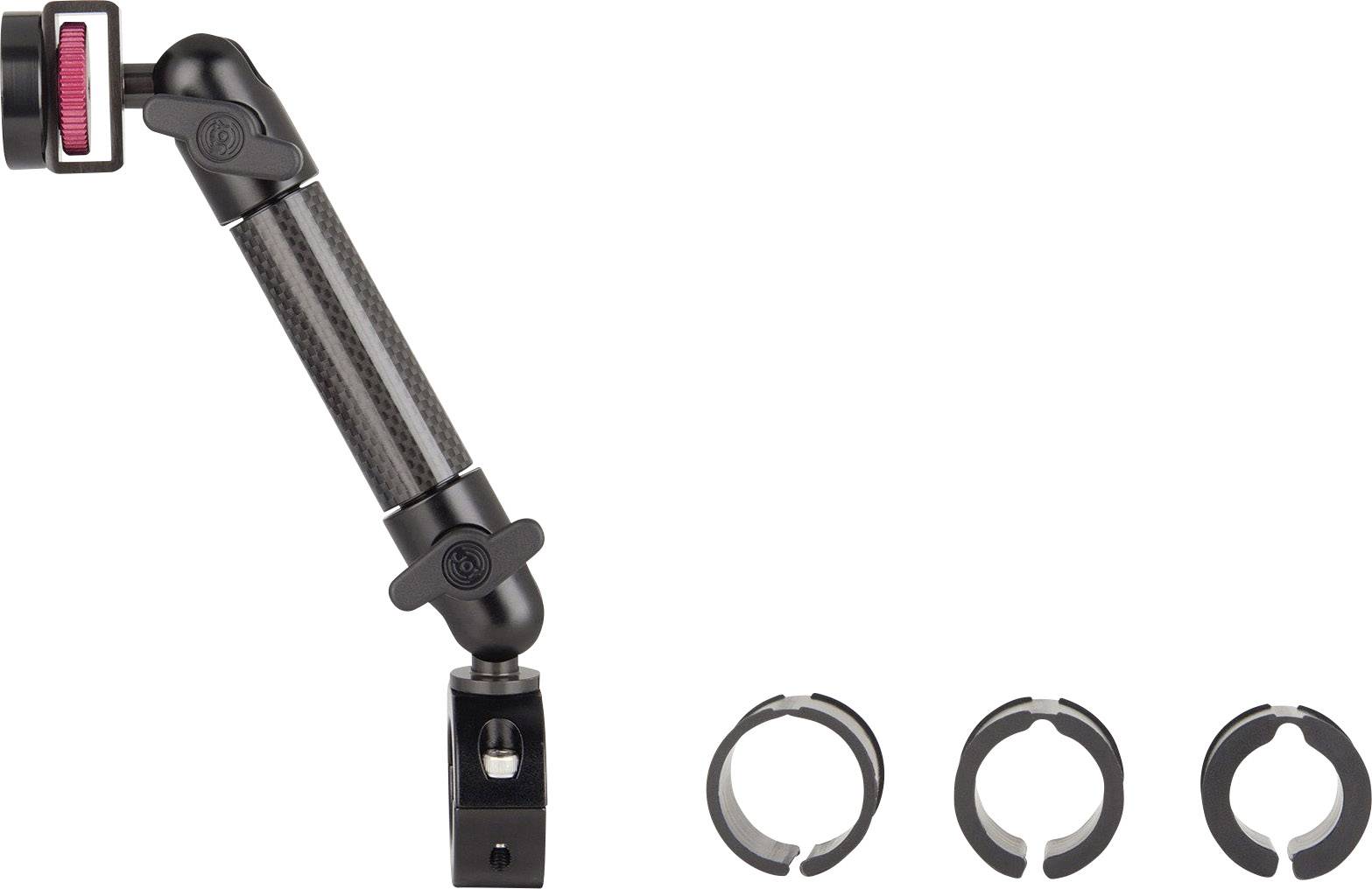 Adjustable carbon fibre articulated arm with three mounting rings, for stabilising or attaching cameras and accessories.