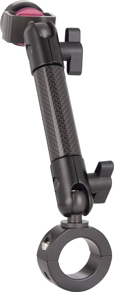 A black, length-adjustable mounting arm with a carbon fibre pattern. One end has a round clamp, the other an adjustable mechanism.