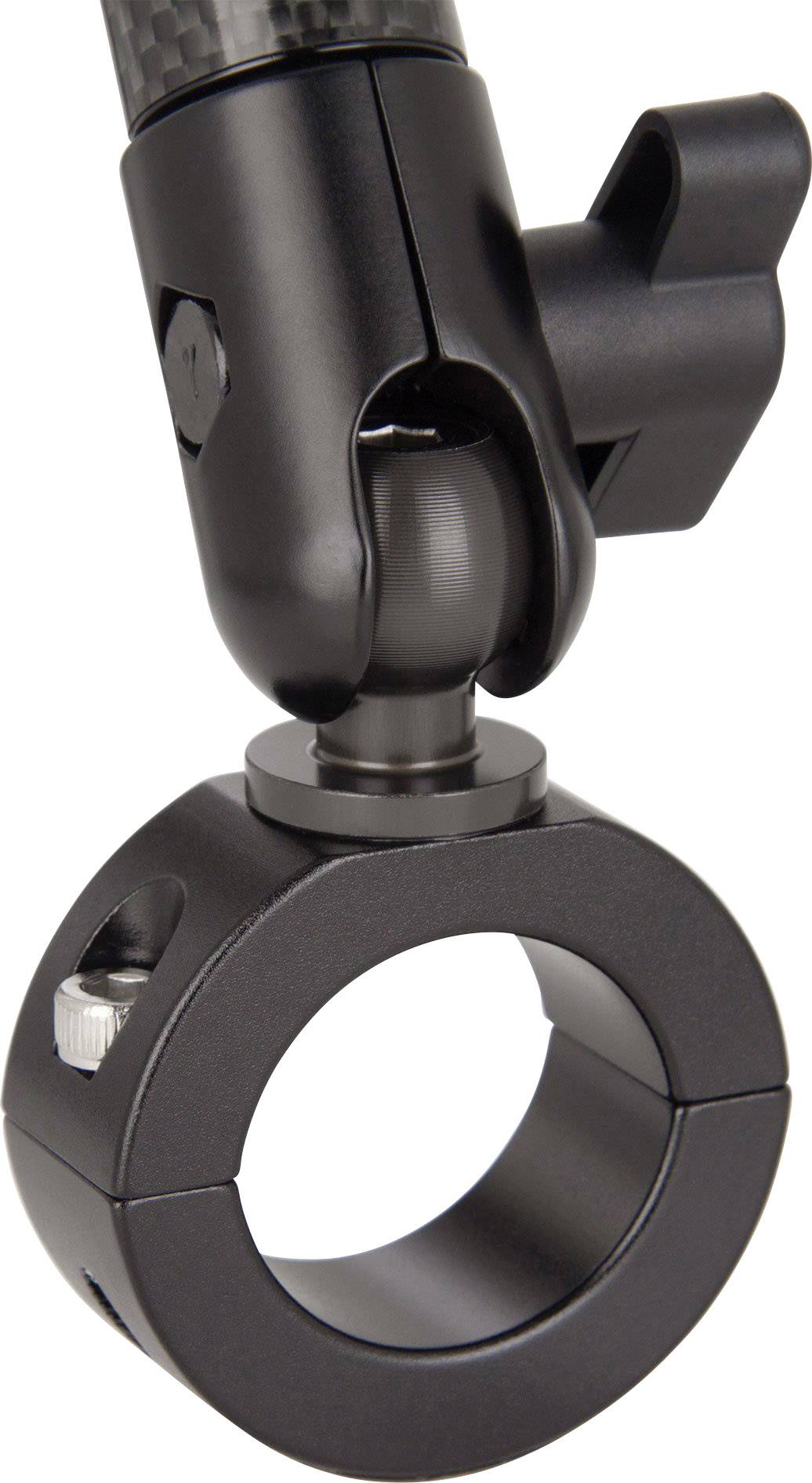 Close-up of a black mounting bracket with a joint, designed for attachment to a rod or pipe. It shows details of the construction.