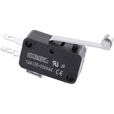 A black micro switch with a metal lever, on whose housing 'VS10N06IC', '10A125-250VAC', 'RU', 'µ' and CE marking are written.