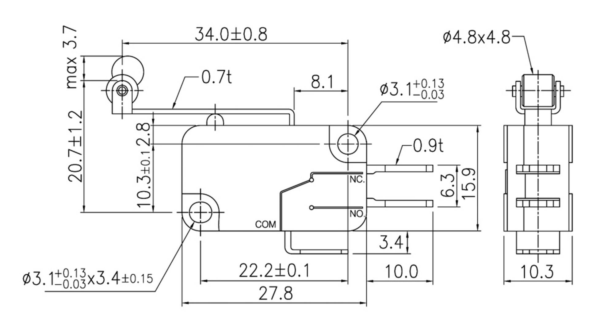 Technical drawing of an electronic switch with detailed dimensions and tolerances. Shows connections marked as 'NO', 'NC', and 'COM'.