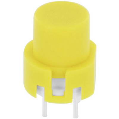 Yellow, round push button with two white connection pins.