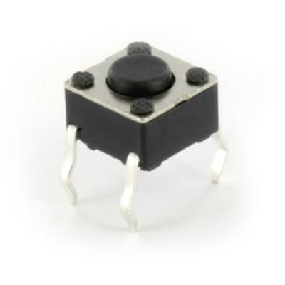 A square push button with four curved metal legs, mounted on a circuit board to enable inputs in electronic circuits.