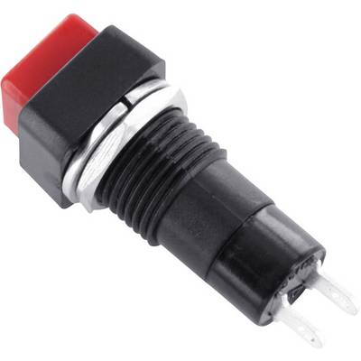 Black push button switch with red button and two silver contacts at the bottom. Suitable for electronic applications or devices.