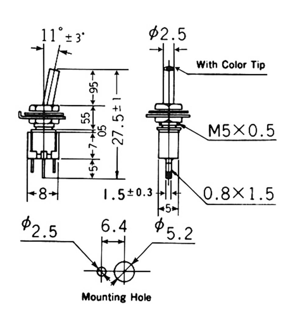 Technical drawing of a toggle switch with dimensions and mounting instructions. Shows diameter, height, and hole spacing.
