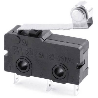 A black micro switch with three connection pins and a metal lever with a roller mechanism. Suitable for 5A, 125–250VAC.