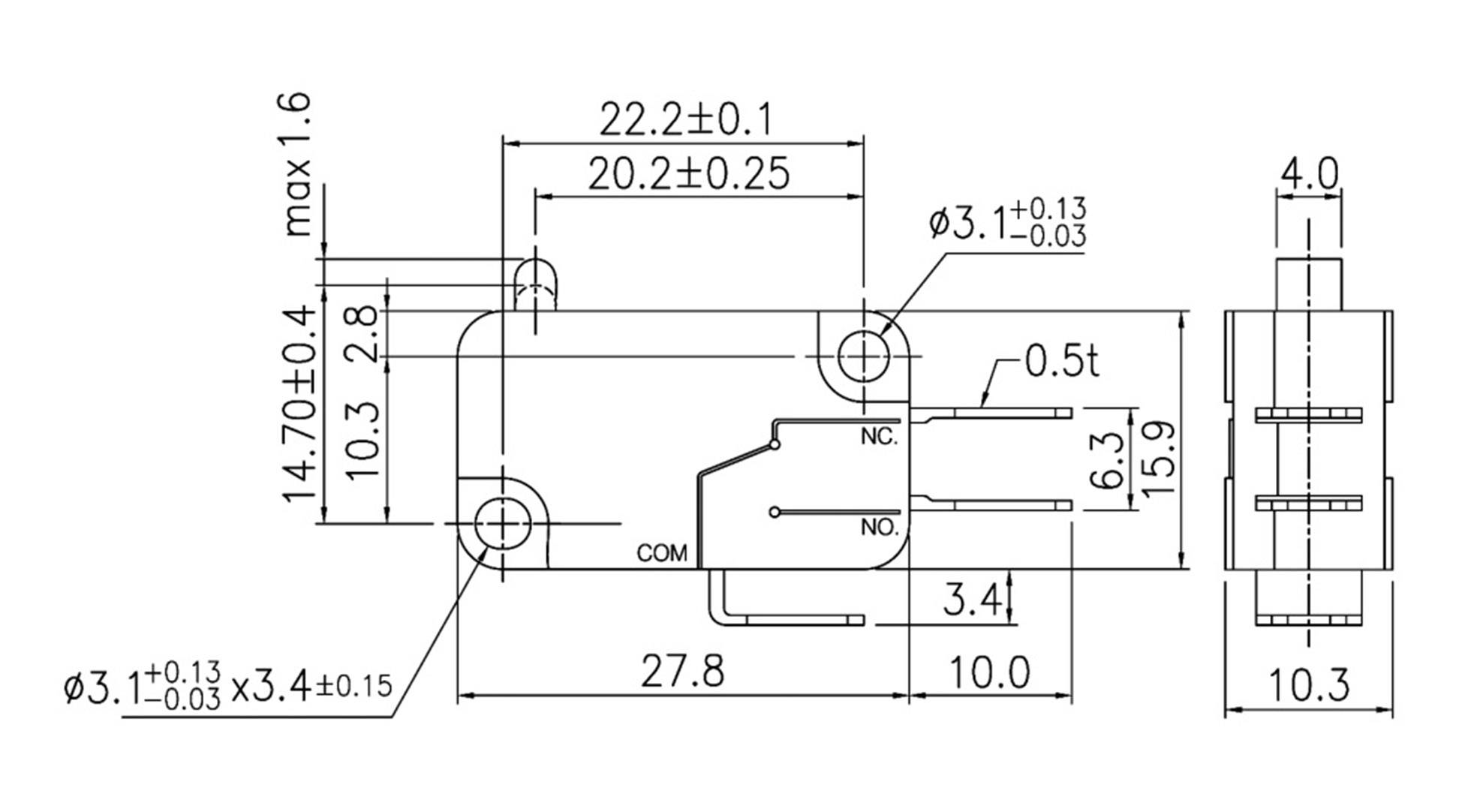 Technical drawing of a switch with dimensions in millimetres and various tolerance specifications.