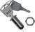 A lock cylinder with two keys and a hexagonal nut. The cylinder is metallic and the keys are numbered.