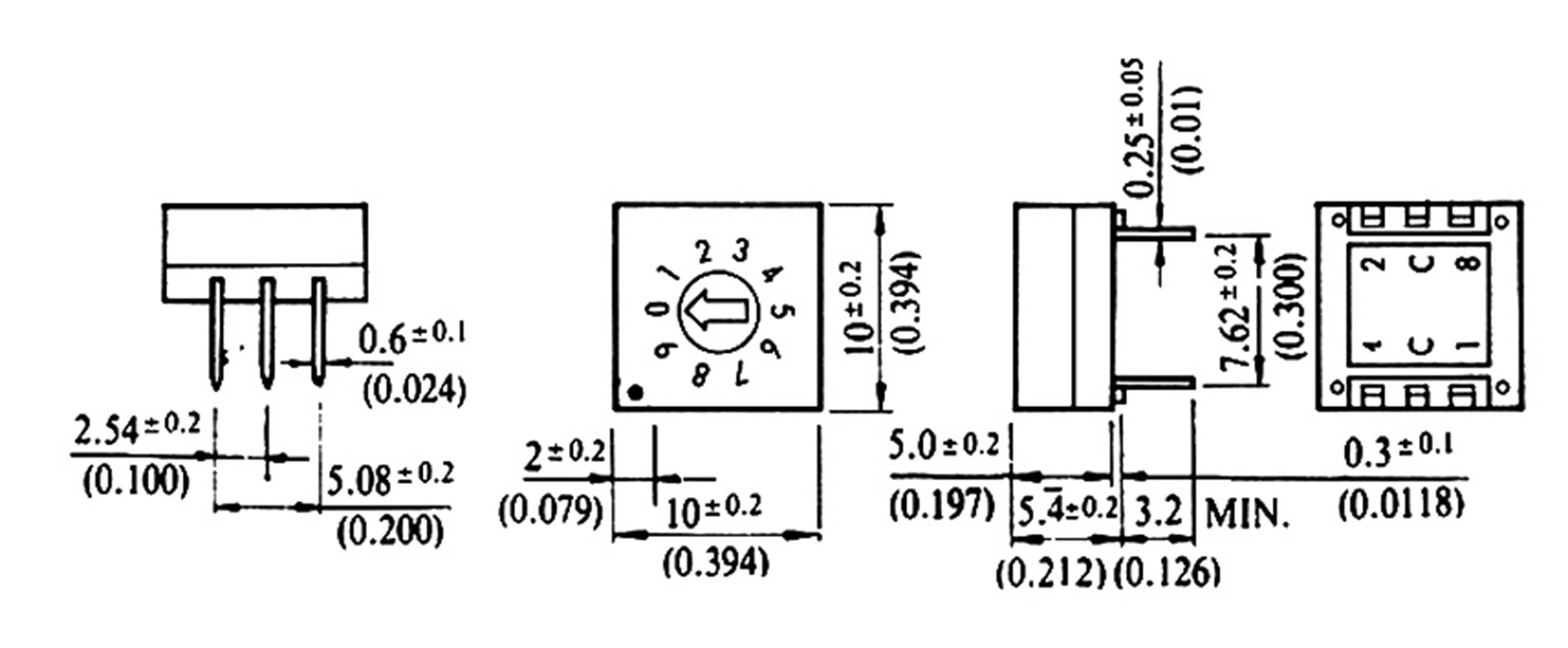 'Figure shows technical drawing of an electrical component with multiple views and dimensional measurements in inches for pins and case size.'