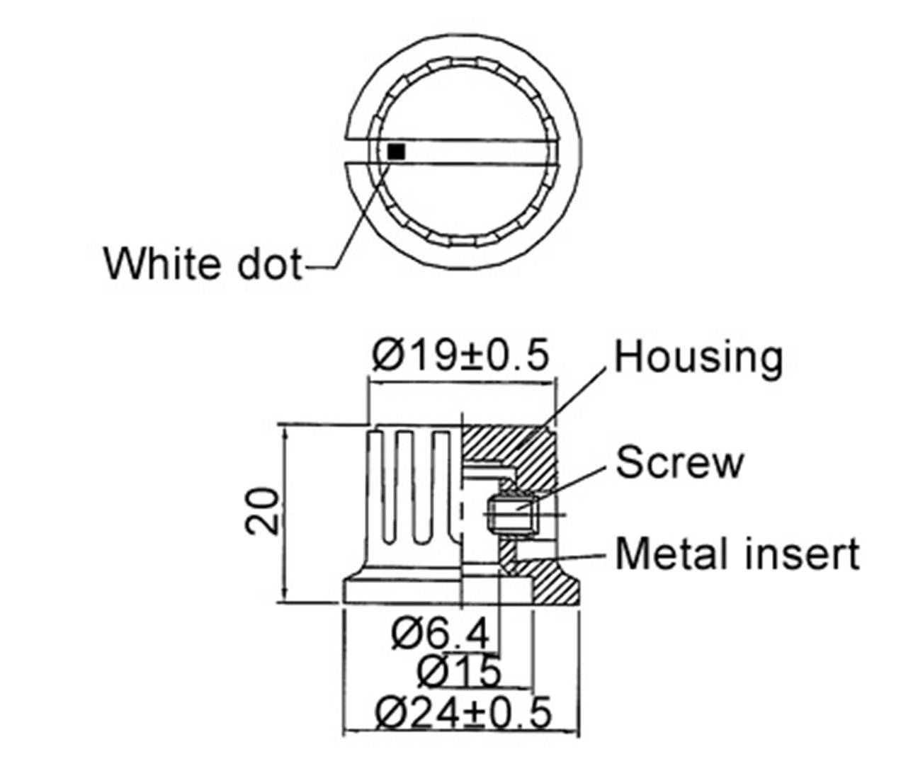 Technical drawing of a button with dimensions. Top view shows a white point. Side view displays the housing, screw, and metal insert.