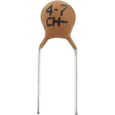 Small ceramic capacitor marked '4-7 CH', with two wire leads. Primarily used in electronic circuits.