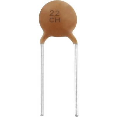 A small, round, brown ceramic capacitor with '22 CH' printed on it and two silver terminals.