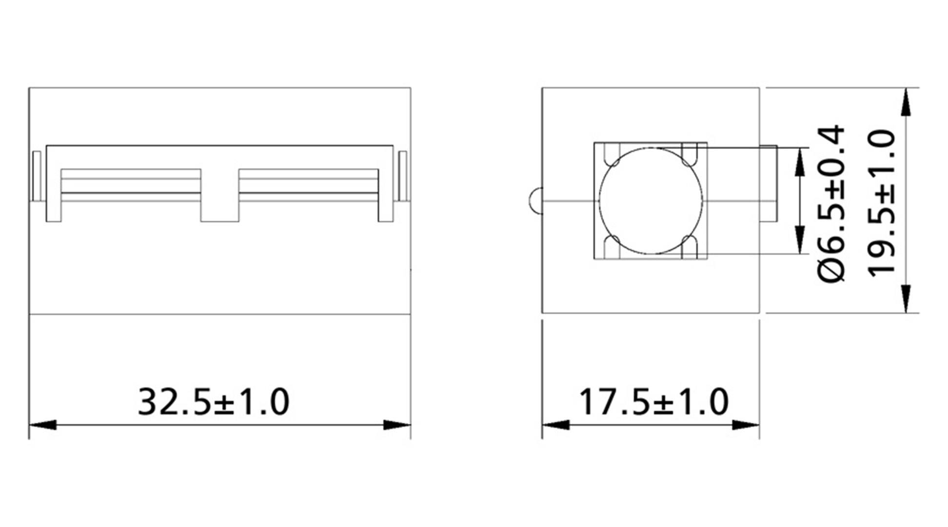 Technical drawing of a component with dimensions: Width 32.5±1.0 mm, Depth 17.5±1.0 mm, Hole diameter Ø6.5±0.4 mm, Total height 19.5±1.0 mm.