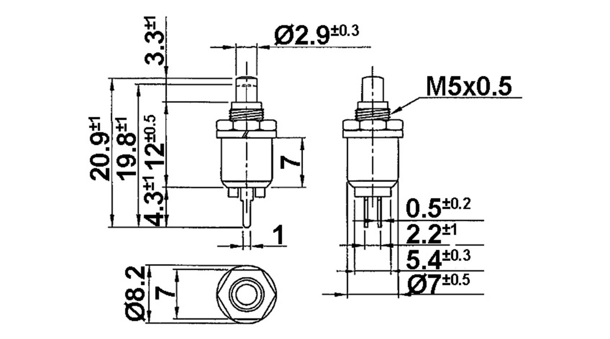 Technical drawing of an electrical switch with dimensions. Left: Height 20.9 mm, Width 3.3 mm. Right: Thread M5x0.5. Top view below.