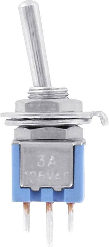 A blue toggle switch with three copper pins at its lower end. The switch is positioned upright and points upwards.