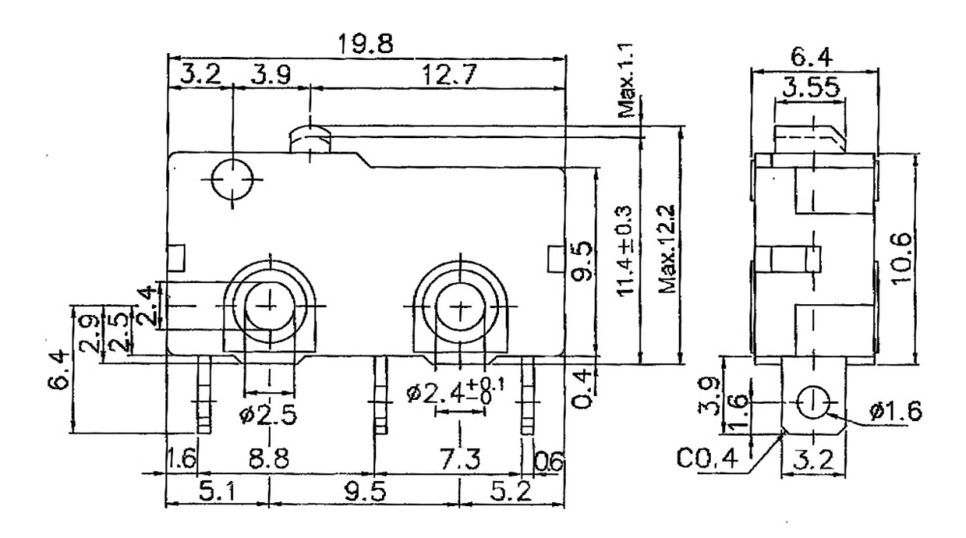 Technical drawing of a microswitch with detailed dimensions and measurements. Side and front views shown.
