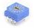 A blue rotary switch with numbers 0-9 and letters A-F around a slot on the top surface; four golden pins underneath.