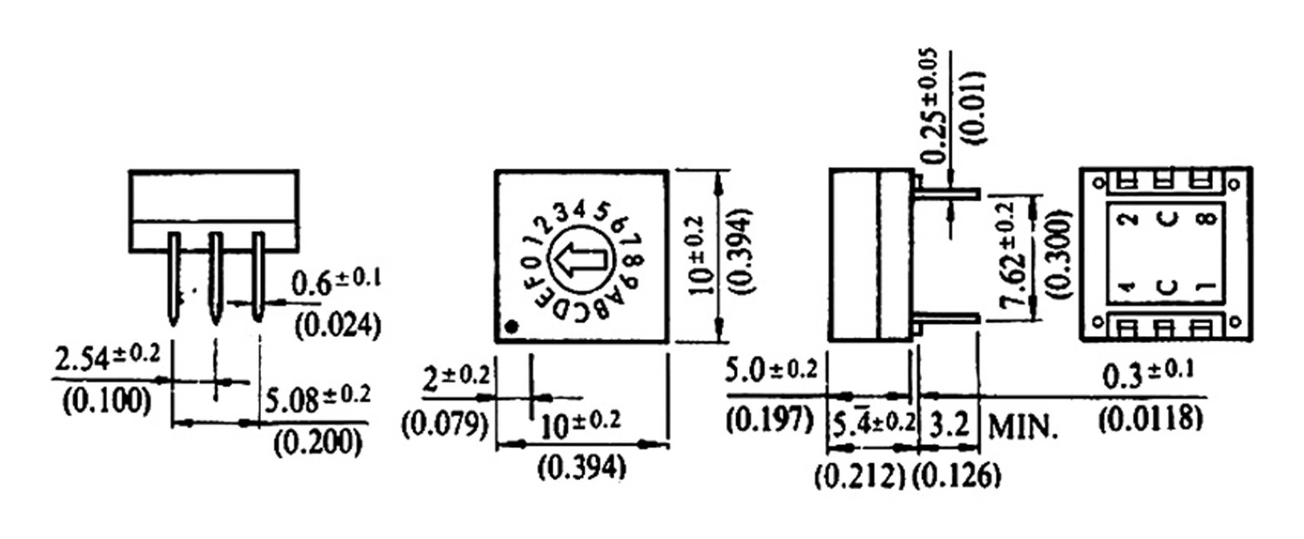 Technical drawing of an electrical component with dimensions. Shows side and top view with specific measurements in millimetres.