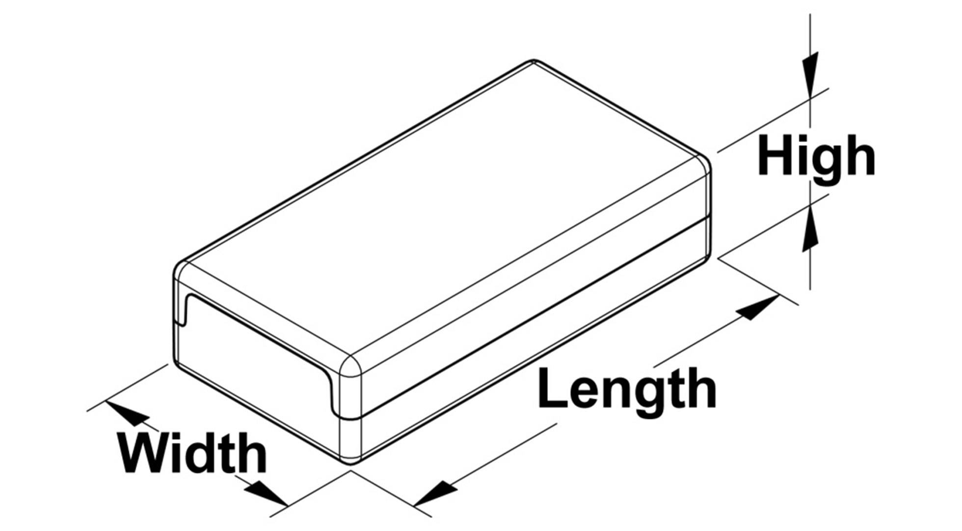 The illustration shows a rectangular 3D object with labels 'Width', 'Length' and 'Height', indicating its dimensions.