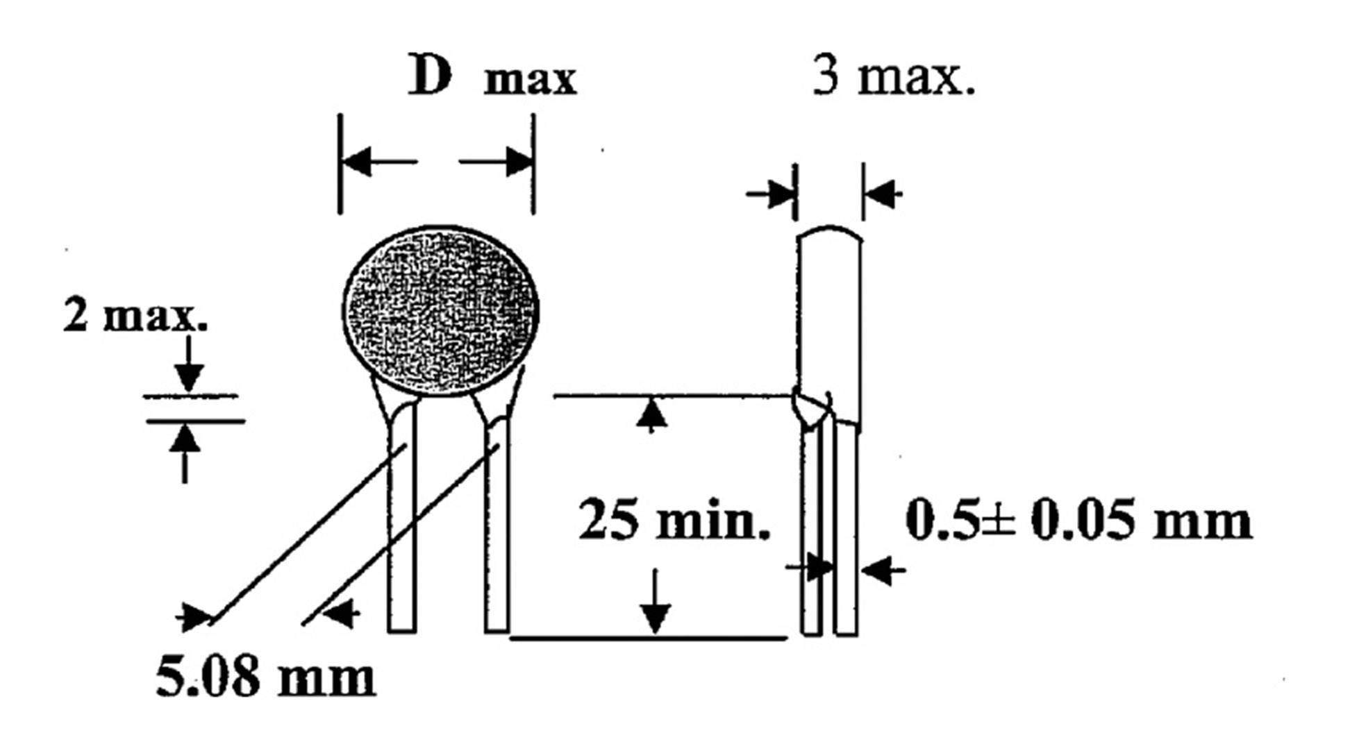 Technical drawing of a component with dimensions: Maximum diameter 'D', maximum height 3 mm, maximum width 2 mm, minimum height 25 mm, thickness 0.5±0.05 mm, width 5.08 mm.