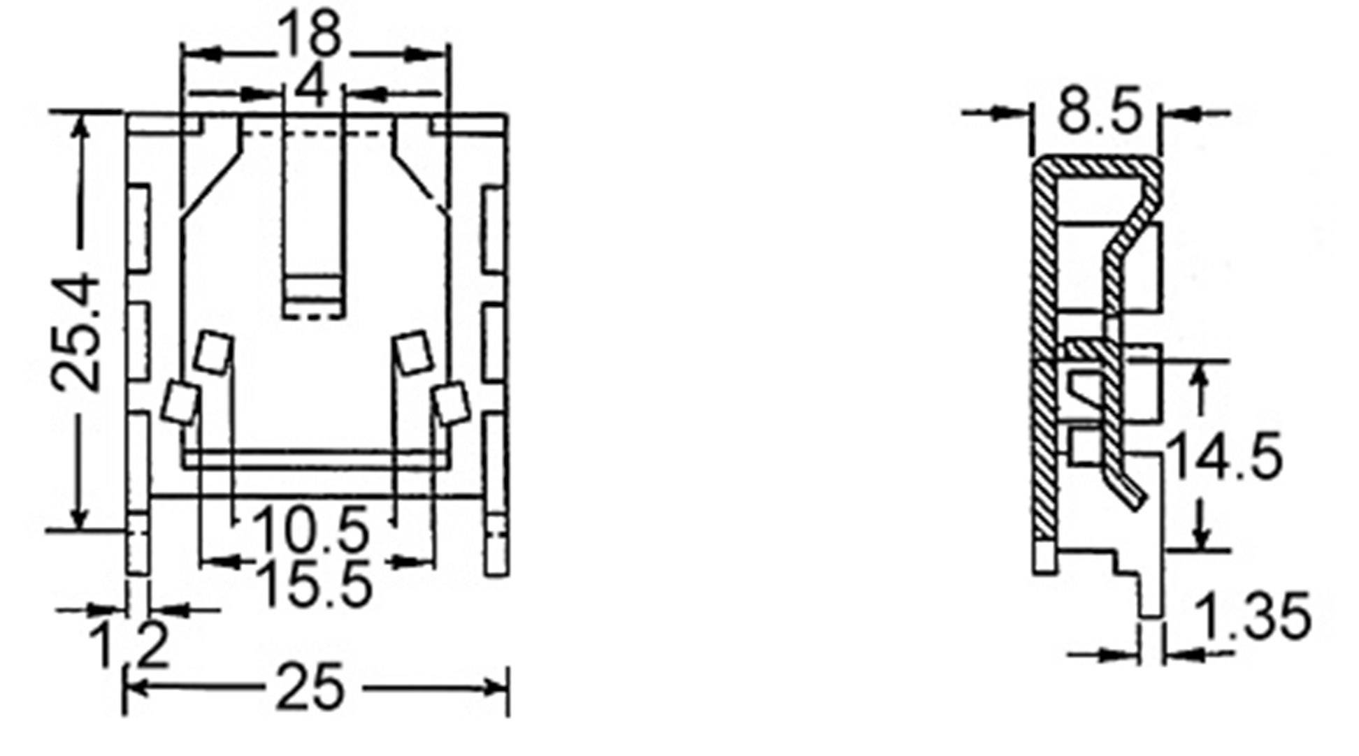 Technical drawing of an electronic component with dimensions in millimetres: width 25.4, depth 25, height 14.5. Detailed dimensions are marked.