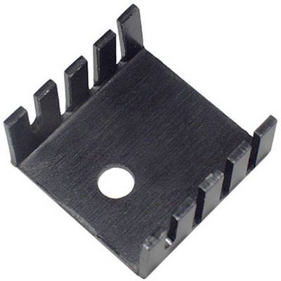 Black heat sink with a central hole and multiple vertical fins for heat dissipation.