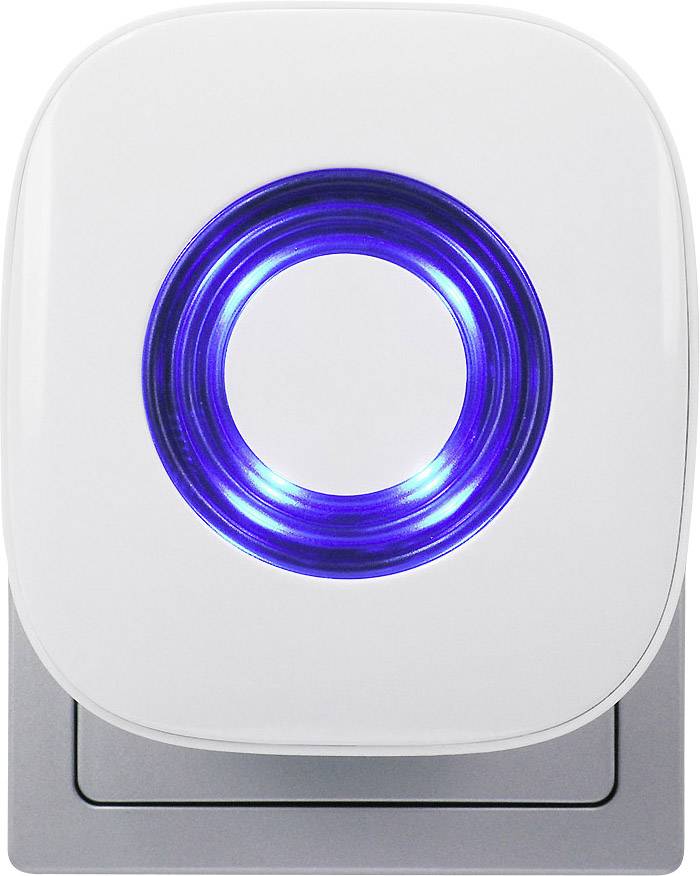 A white electronic doorbell with a blue LED light in the centre, mounted on a grey base.