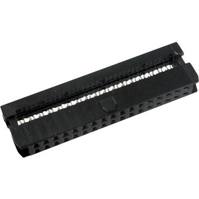 Black electronic plug with a rectangular shape and numerous small pins, used for computer or electronic connections.