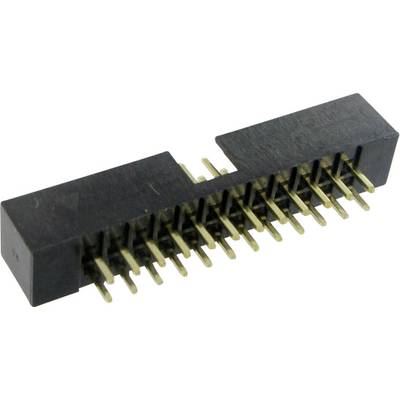 A black connector with gold pins, presumably an electrical connection, for linking electronic components.