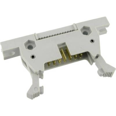 A grey plastic component with metal contacts, possibly an electrical connector, on a white background.