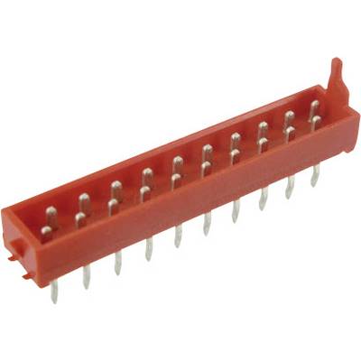 Red connector with sixteen metal pins, horizontally aligned, for electronic connections.