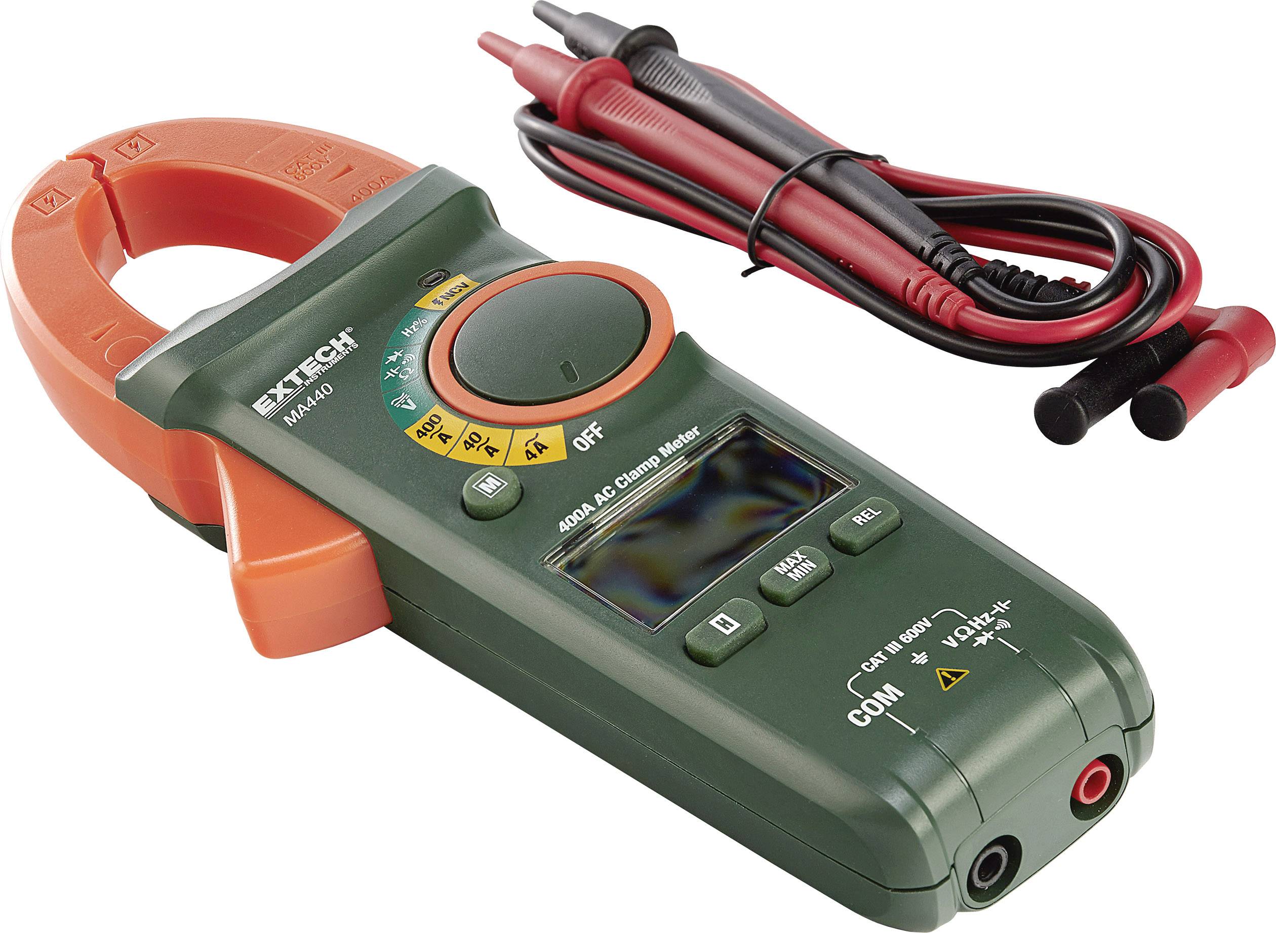 Digital clamp meter with green-orange colour. Cable with red and black probes is shown, suitable for electrical measurements.