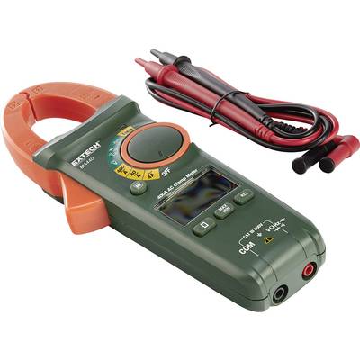 Digital clamp meter with green-orange colour. Cable with red and black probes is shown, suitable for electrical measurements.