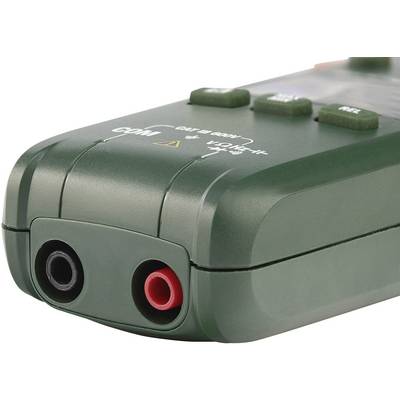 Green multimeter, front view. Shows two connection sockets, black and red, for test leads. Test function visible.