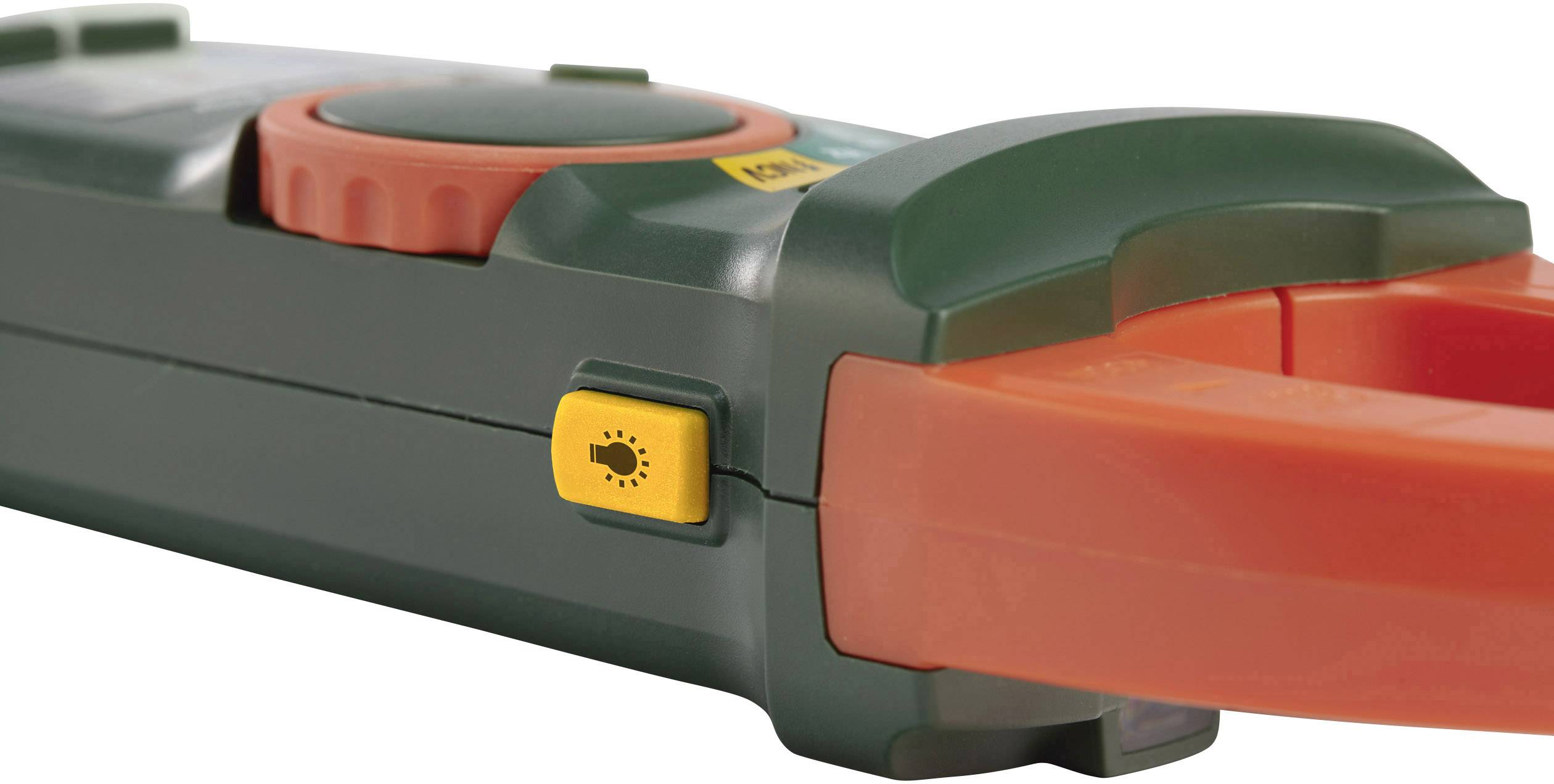 Close-up of an electrical testing device with orange gripping jaws and a yellow button featuring a beetle symbol.