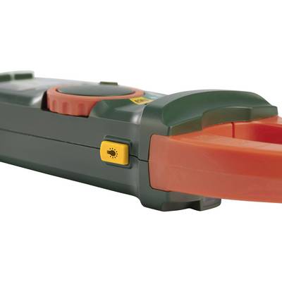 Close-up of an electrical testing device with orange gripping jaws and a yellow button featuring a beetle symbol.