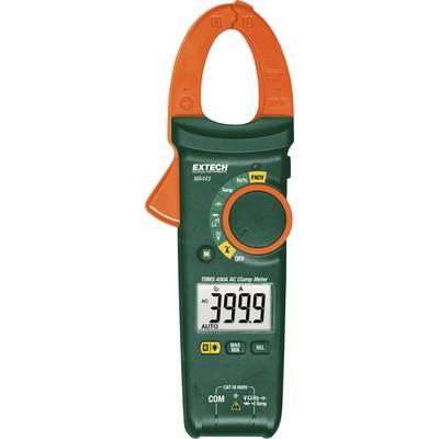 A green clamp meter multimeter displays '399.9' on the screen. It is measuring alternating current with orange clamps. Brand 'EXTECH'.