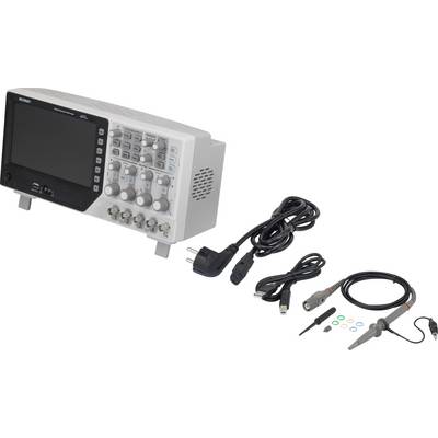 A digital oscilloscope with accessories, including cables and probes, pictured against a white background.