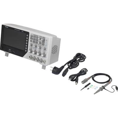A digital oscilloscope with accessories: power cable, USB cable, oscilloscope probe, and various colour rings for labelling.
