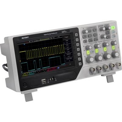 A digital storage oscilloscope displays characteristic rectangular signals on a screen. Controls and connections are visible.