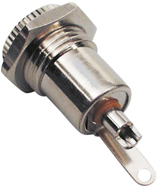 Metallic jack plug adapter with hexagonal screw connection and flange for mounting, suitable for audio components.