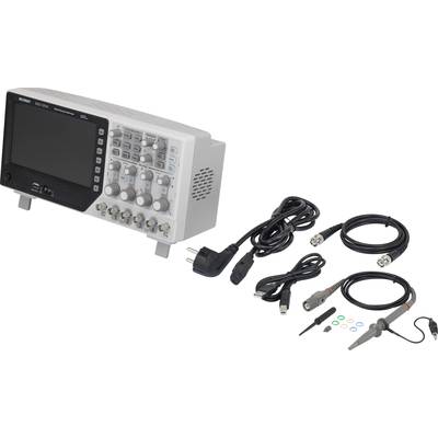 Digital oscilloscope with accessories such as cables and probes, used for measuring and analysing electrical signals.