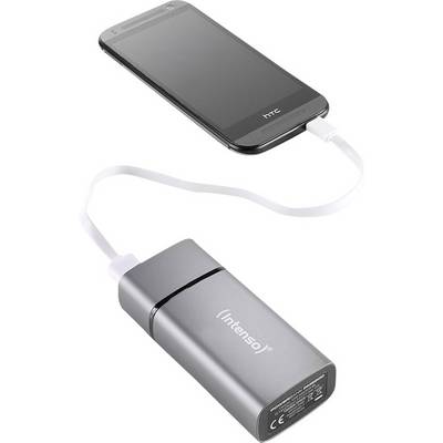 A smartphone is connected to a portable charger. Both devices are linked with a white cable.