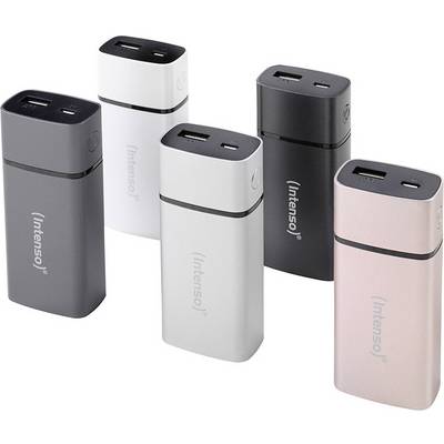 Five portable power banks in various colours (Grey, White, Silver, Black, Rose Gold). Each has a USB port and the brand name 'Intenso'.