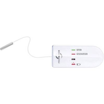 A door sensor with two indicators: 'Open' in green and 'Closed' in red. A battery symbol shows the charge status.