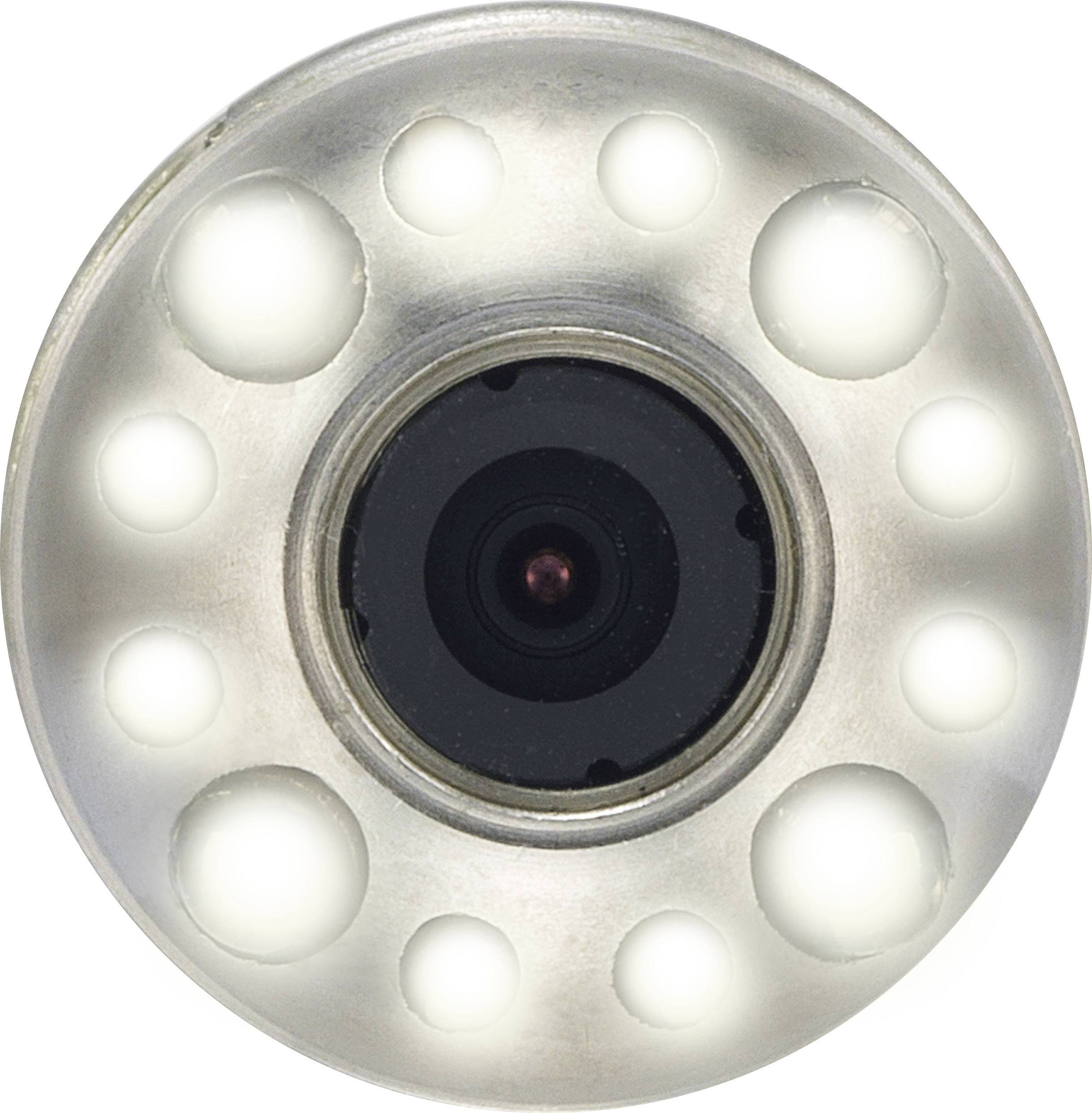 A circular camera with a black lens in the centre, surrounded by twelve white LED lights.