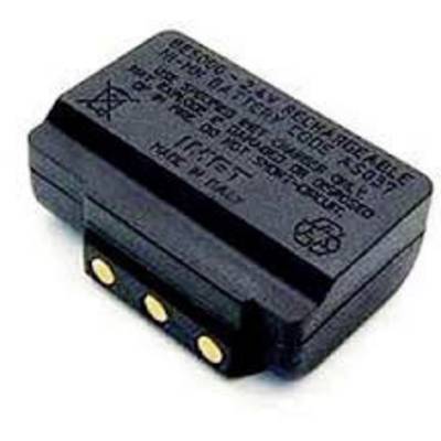 Black, rectangular, rechargeable battery with three metal contacts on the side, inscription on the top surface, manufactured in Italy.