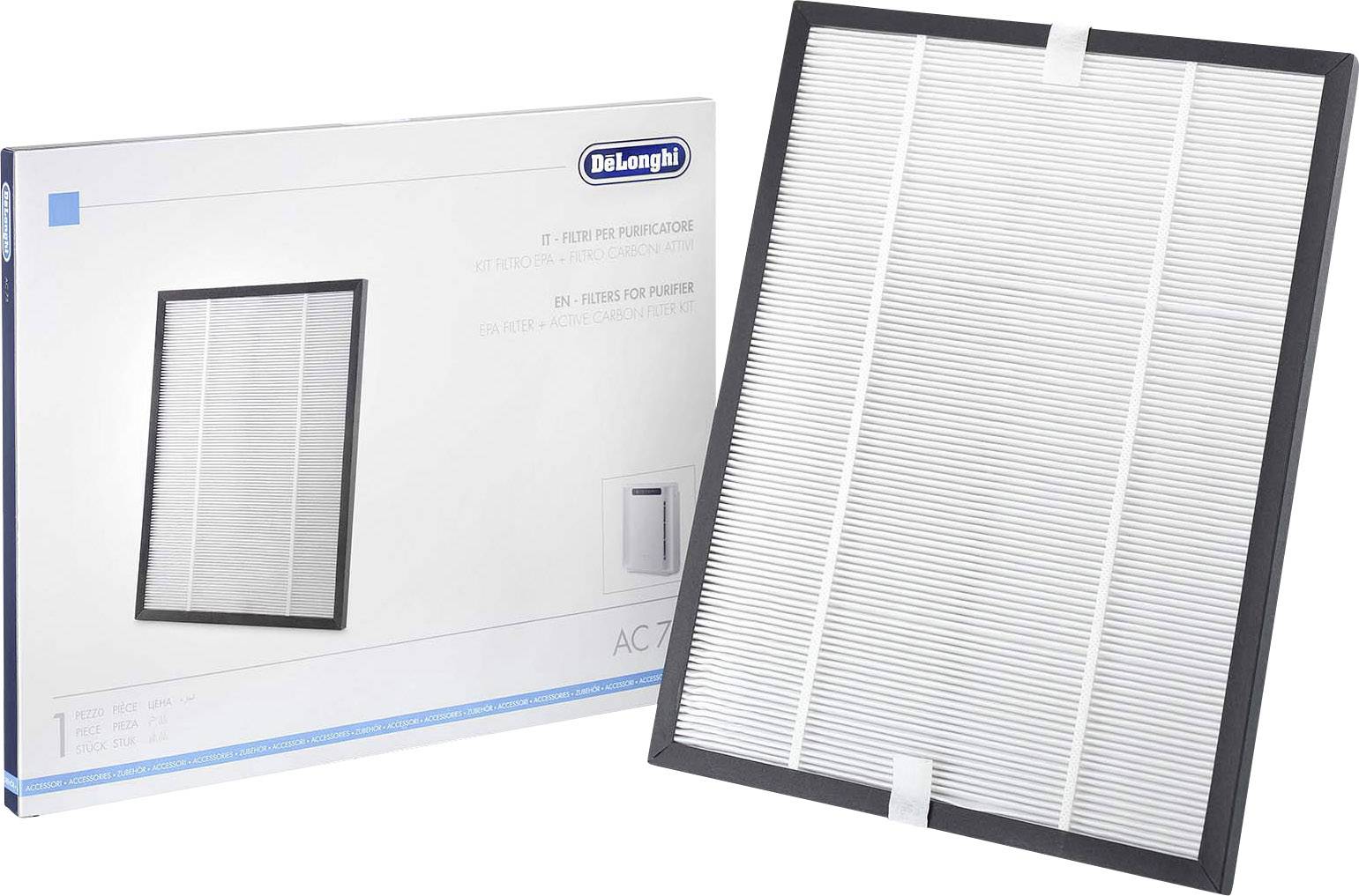 An interchangeable air filter for air conditioning units, shown beside its packaging. Packaging displays brand logo and filter details.